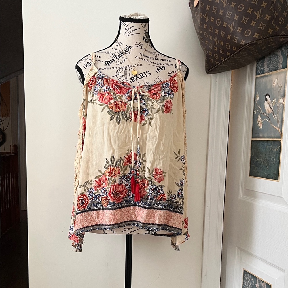 💗Angie Cream Floral Embroidered Boho Off-Shoulder Sleeved Blouse with Tassel Tie